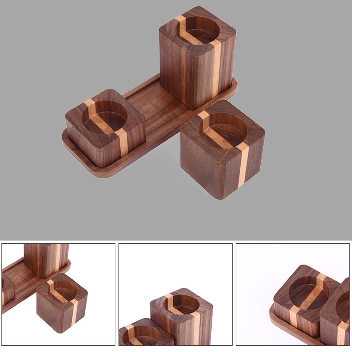 Set of 3 Wooden Candle Holder with tray